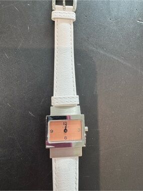 Ecclissi Silver Watch Rectangle Tank Case Salmon Copper Dial White Leather Band